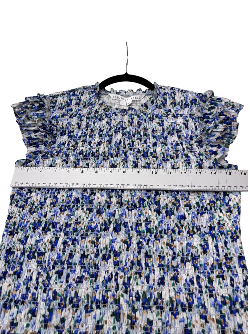 Veronica Beard Blue Floral Smocked Mini Dress Ruffle Sleeve Tiered Cotton Size 2 - Picture 10 of 11